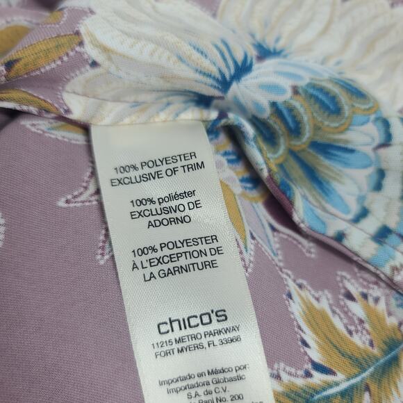Chicos Top Blouse Mauve Paisley Floral 1 Med Purple Blue Jacobean Bouquet Ruffle - Picture 3 of 12